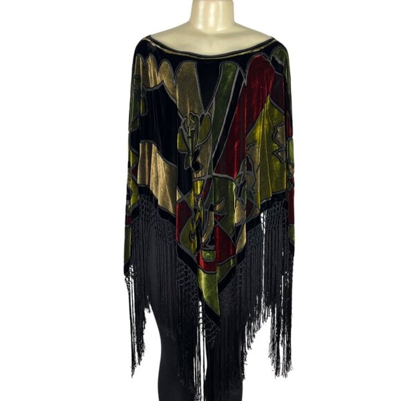 Velvet Poncho With Fringe Hem & Bold Abstract Multicolor Design One Size - Picture 1 of 5